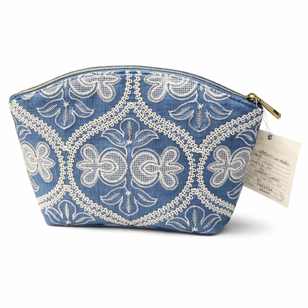 Revive Vintage Blue Embroidered Boho Cosmetic Bag Zipper Pouch NWT - Picture 3 of 4